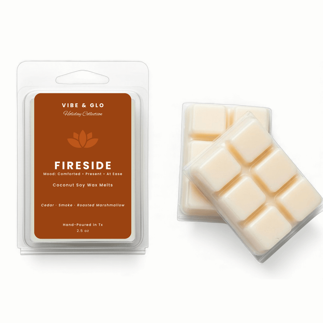 Vibe & Glo Fireside wax melts packaging on a white background