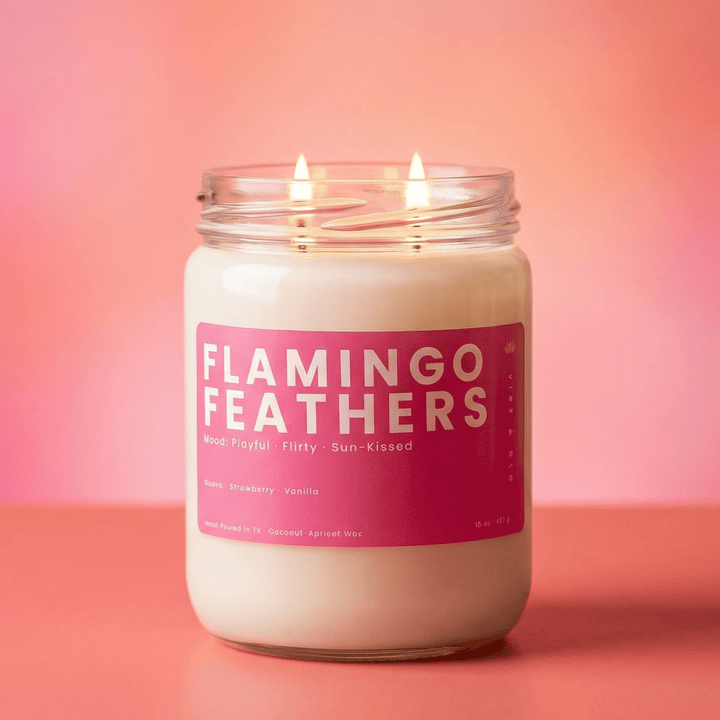 Flamingo Feathers 2 wick candle on pink background with clean modern aesthetic for fruity summer home fragrance