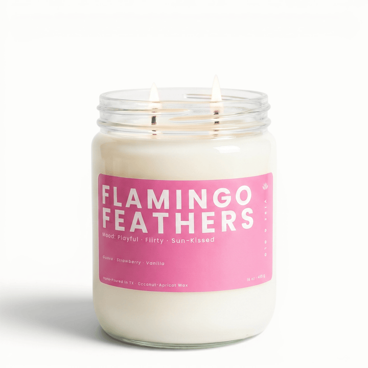 Flamingo Feathers 2 wick candle with guava strawberry and vanilla in glass jar, playful coconut apricot wax candle for a summer scent