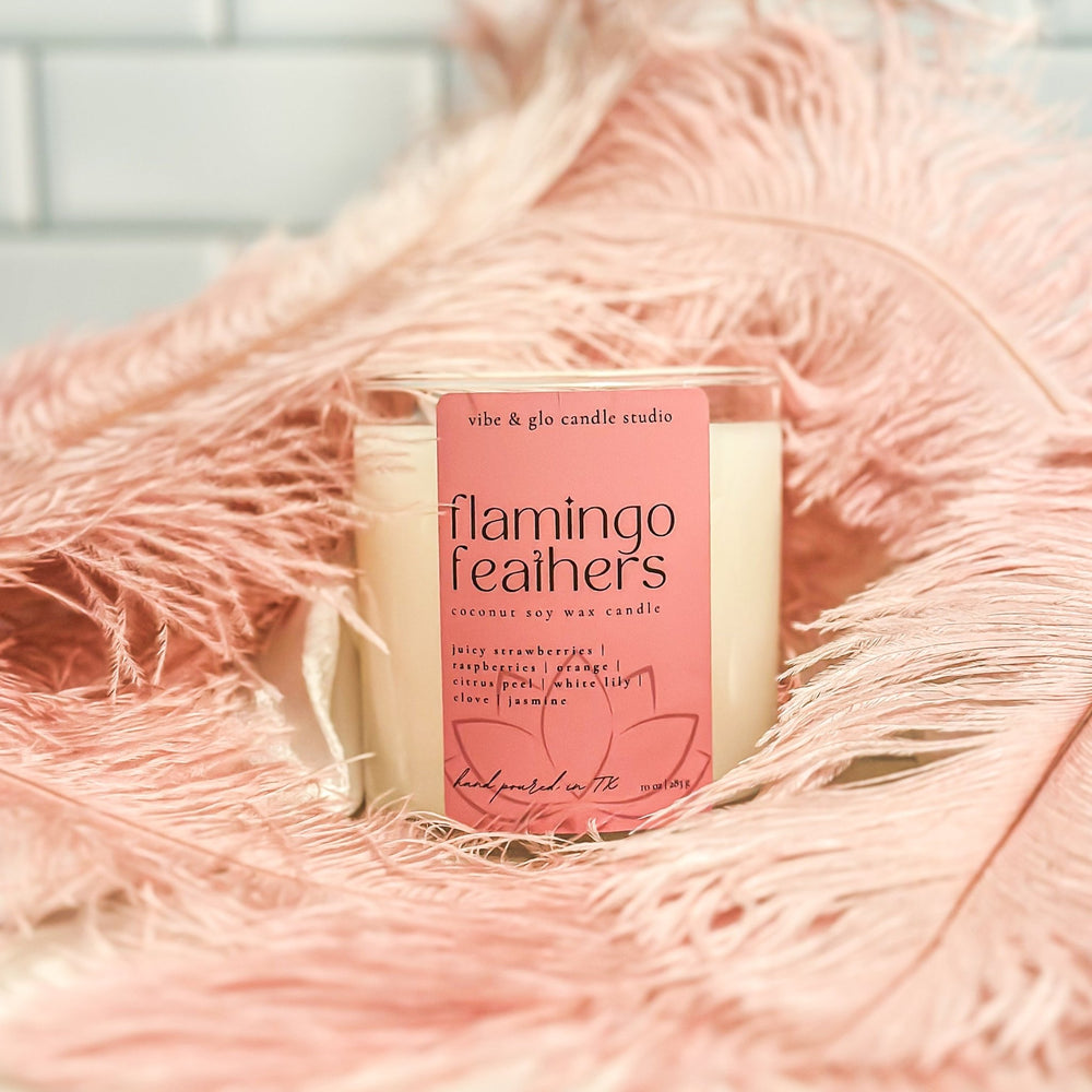 
                  
                    Flamingo Feathers Coconut Soy Candle - Vibe & Glo Candle Studio
                  
                