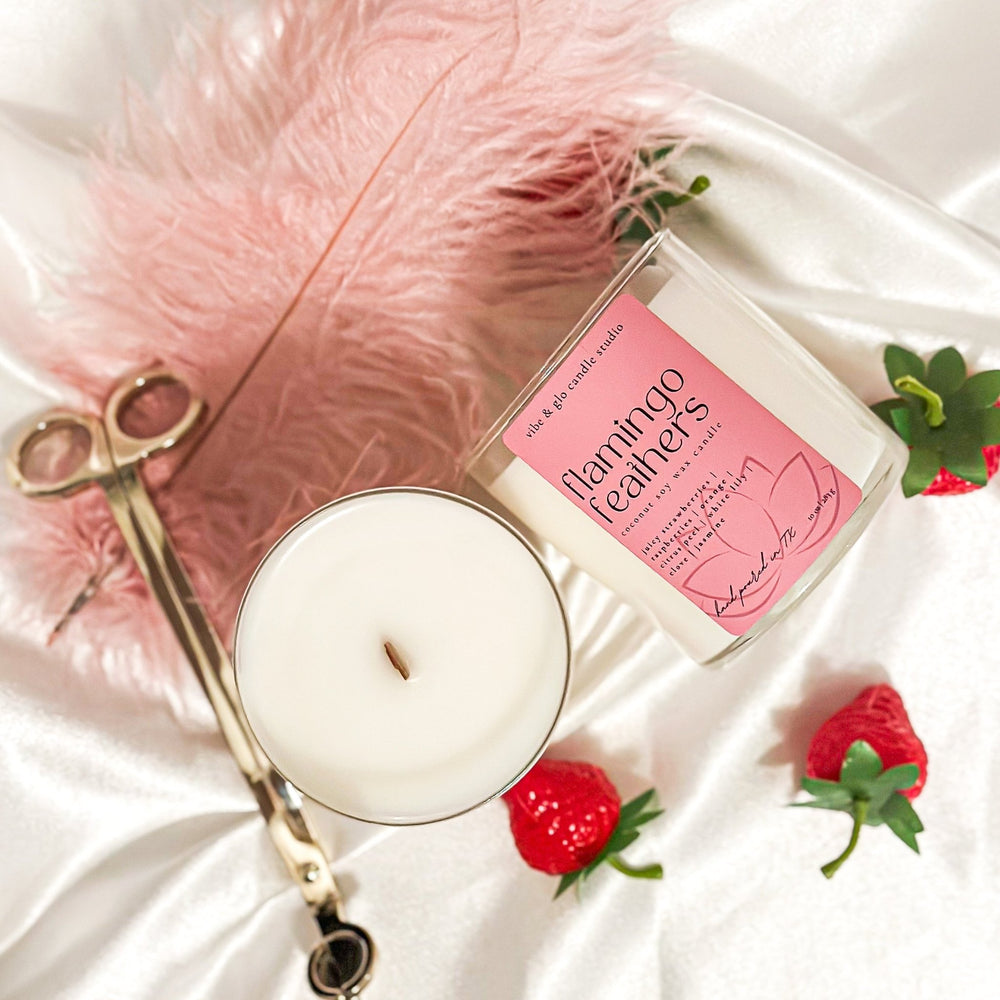 
                  
                    Flamingo Feathers Coconut Soy Candle - Vibe & Glo Candle Studio
                  
                
