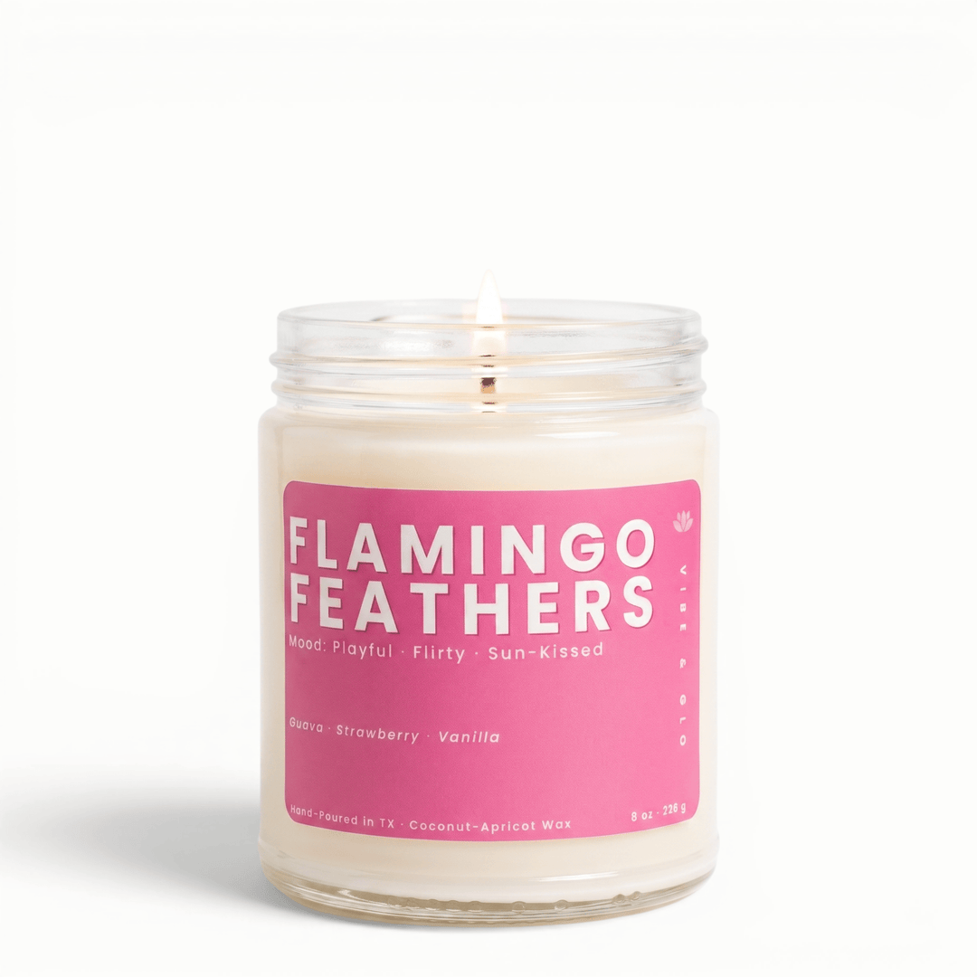 Flamingo Feathers guava strawberry vanilla candle in glass jar, playful fruity summer scented coconut apricot wax candle