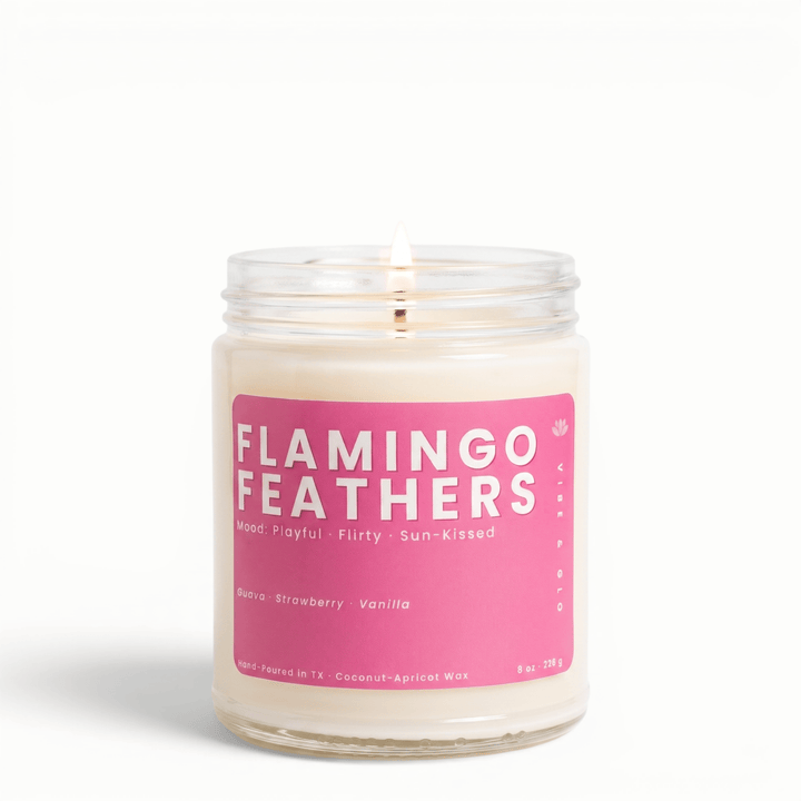 Flamingo Feathers guava strawberry vanilla candle in glass jar, playful fruity summer scented coconut apricot wax candle