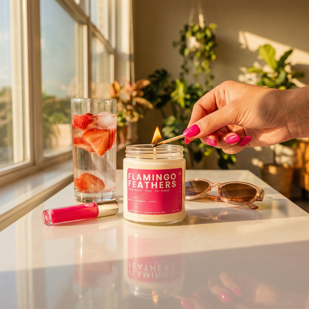 Lighting a fruity scented candle next to a strawberry drink in warm sunlight for a playful summer vibe