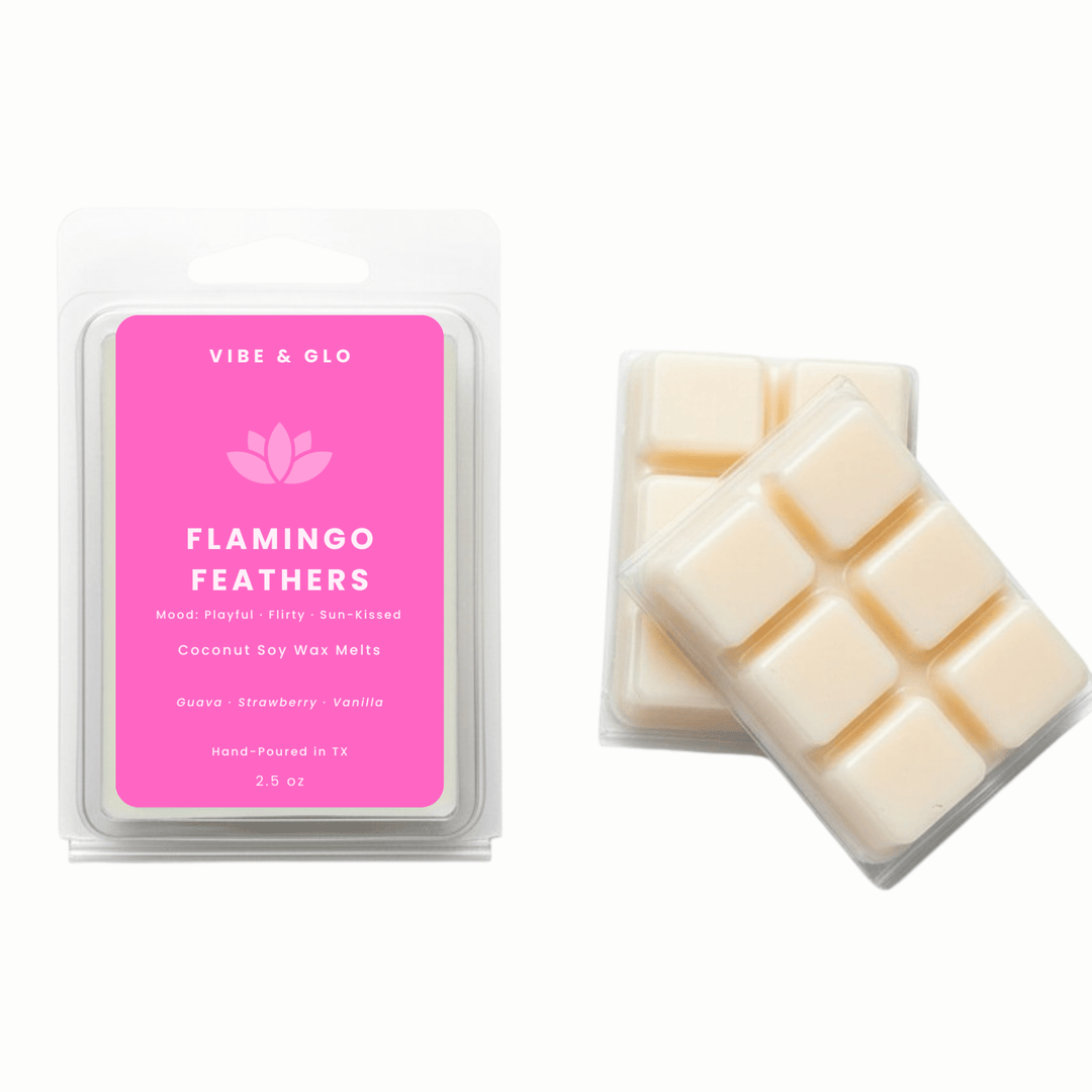 Flamingo Feathers wax melts clamshell with strawberry guava vanilla scent cubes on white background