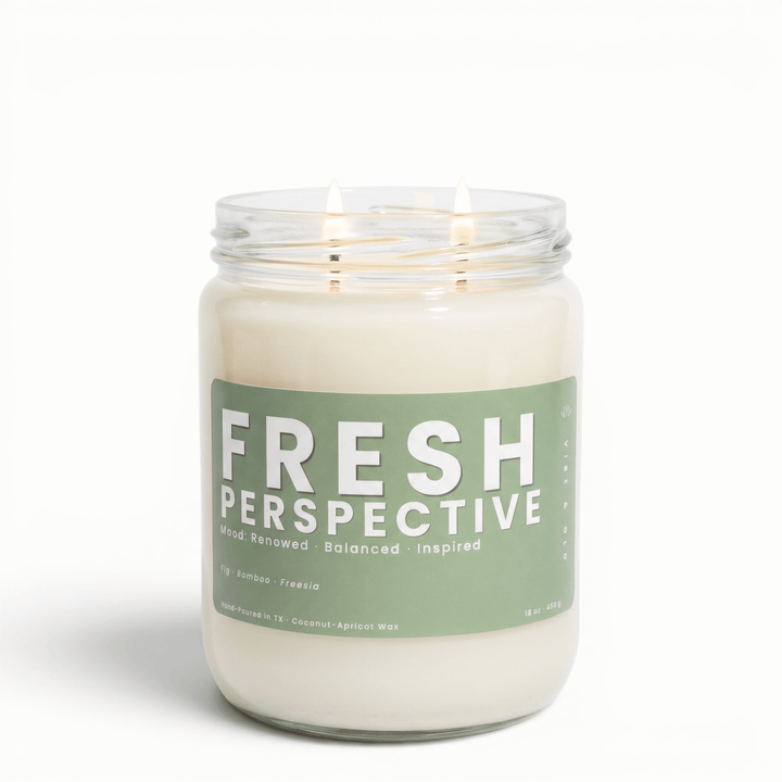 Fresh Perspective 2 wick candle with bamboo and freesia in glass jar, clean coconut apricot wax candle for a fresh airy home scent