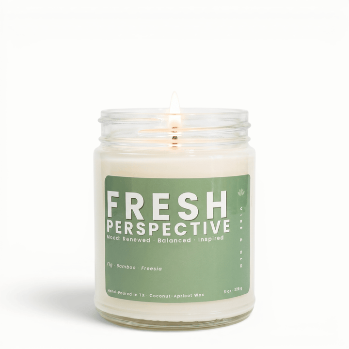 Fresh Perspective bamboo freesia candle in glass jar, clean fresh coconut apricot wax candle for an airy uplifting home scent