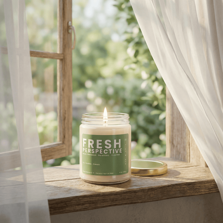 Fresh Perspective clean fresh candle burning on a wooden window sill with soft sunlight and sheer curtains creating an airy, calming atmosphere