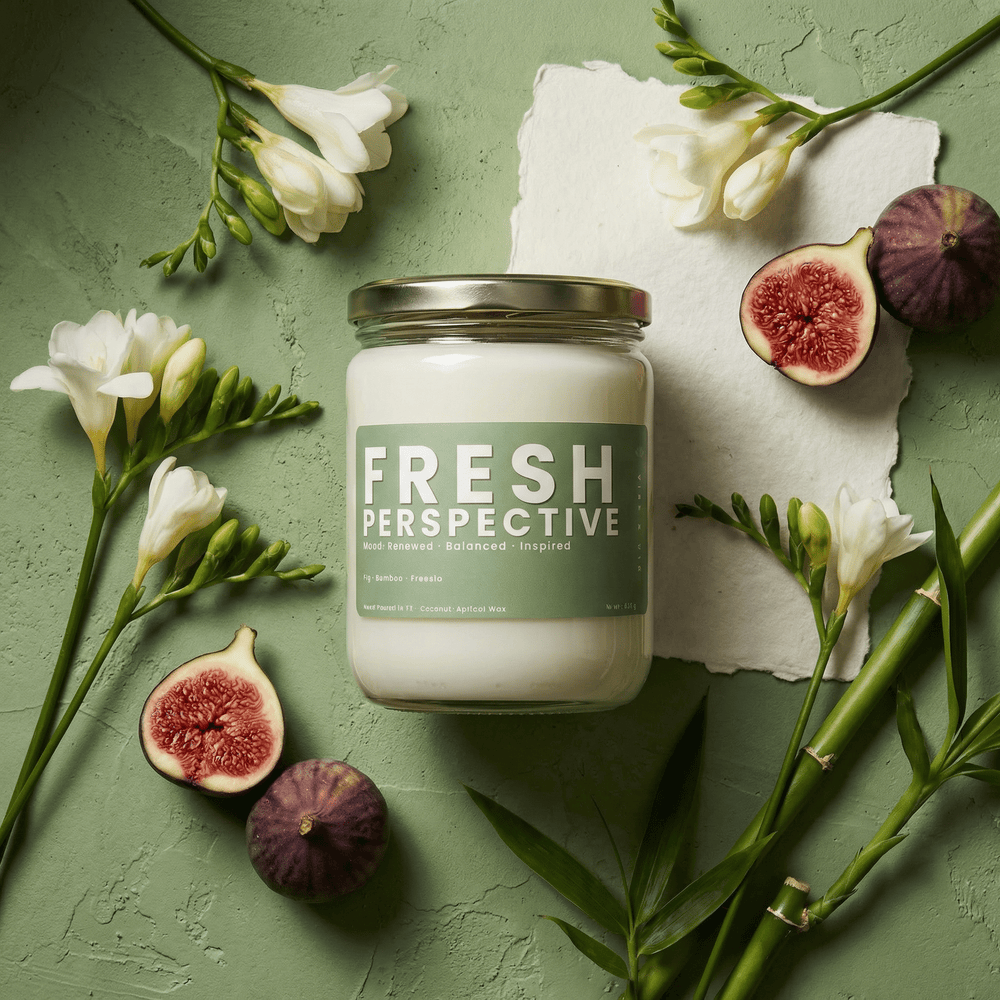 Fresh Perspective candle styled with fig, bamboo, and white florals, clean fresh candle with green spa-like scent and airy vibe