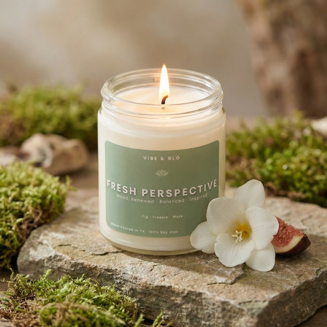 Fresh Perspective fig freesia moss soy candle by Vibe & Glo styled with white freesia flower and moss on natural stone
