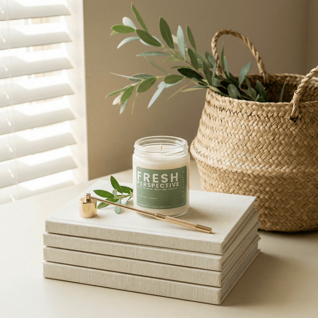 Fresh Perspective clean burning candle styled on neutral books with greenery and gold wick trimmer in a modern home decor setting