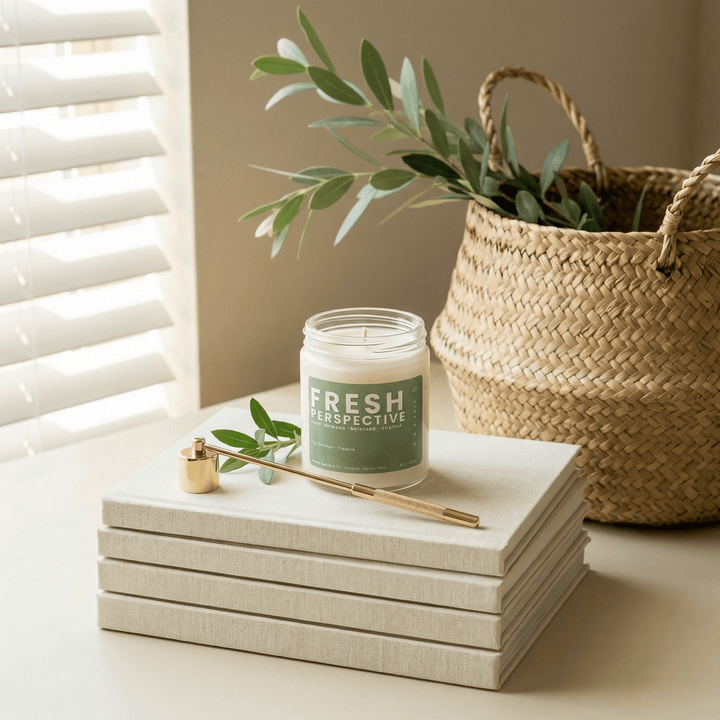 Fresh Perspective clean burning candle styled on neutral books with greenery and gold wick trimmer in a modern home decor setting