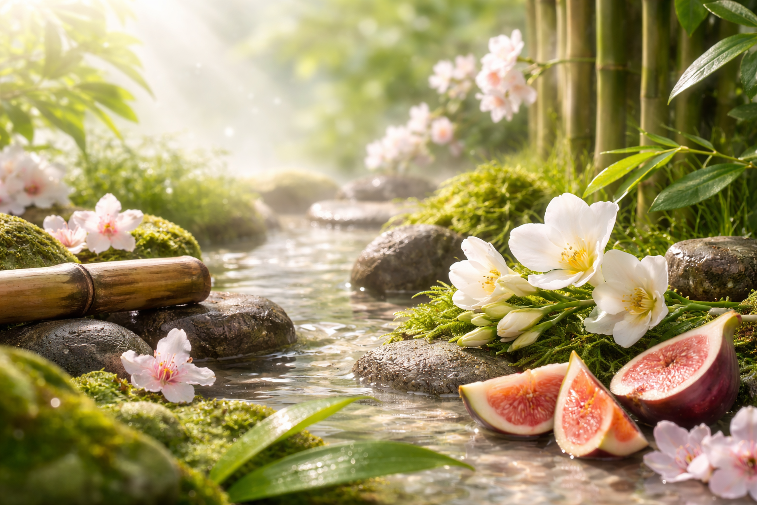 Fresh Perspective soy candle inspired imagery featuring freesia flowers, fig, bamboo, moss, and soft greenery in an airy, revitalizing setting