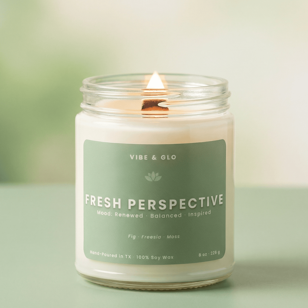 Fresh Perspective wooden wick soy candle by Vibe and Glo with fig freesia moss clean balanced refreshing scent