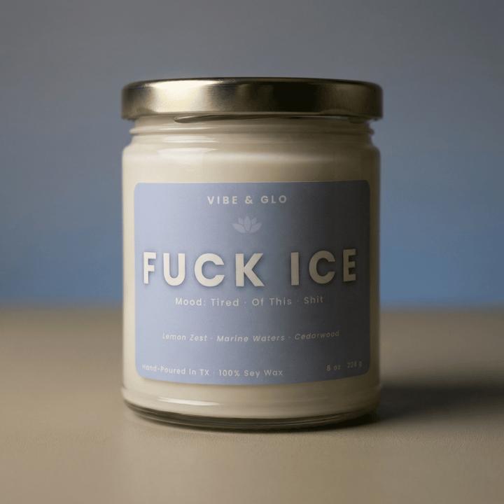 Candle jar with a label on a neutral background
