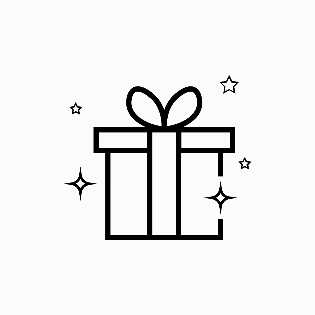 Minimal black line illustration of a gift box with sparkles, symbolizing gifting, celebrations, or curated packages.