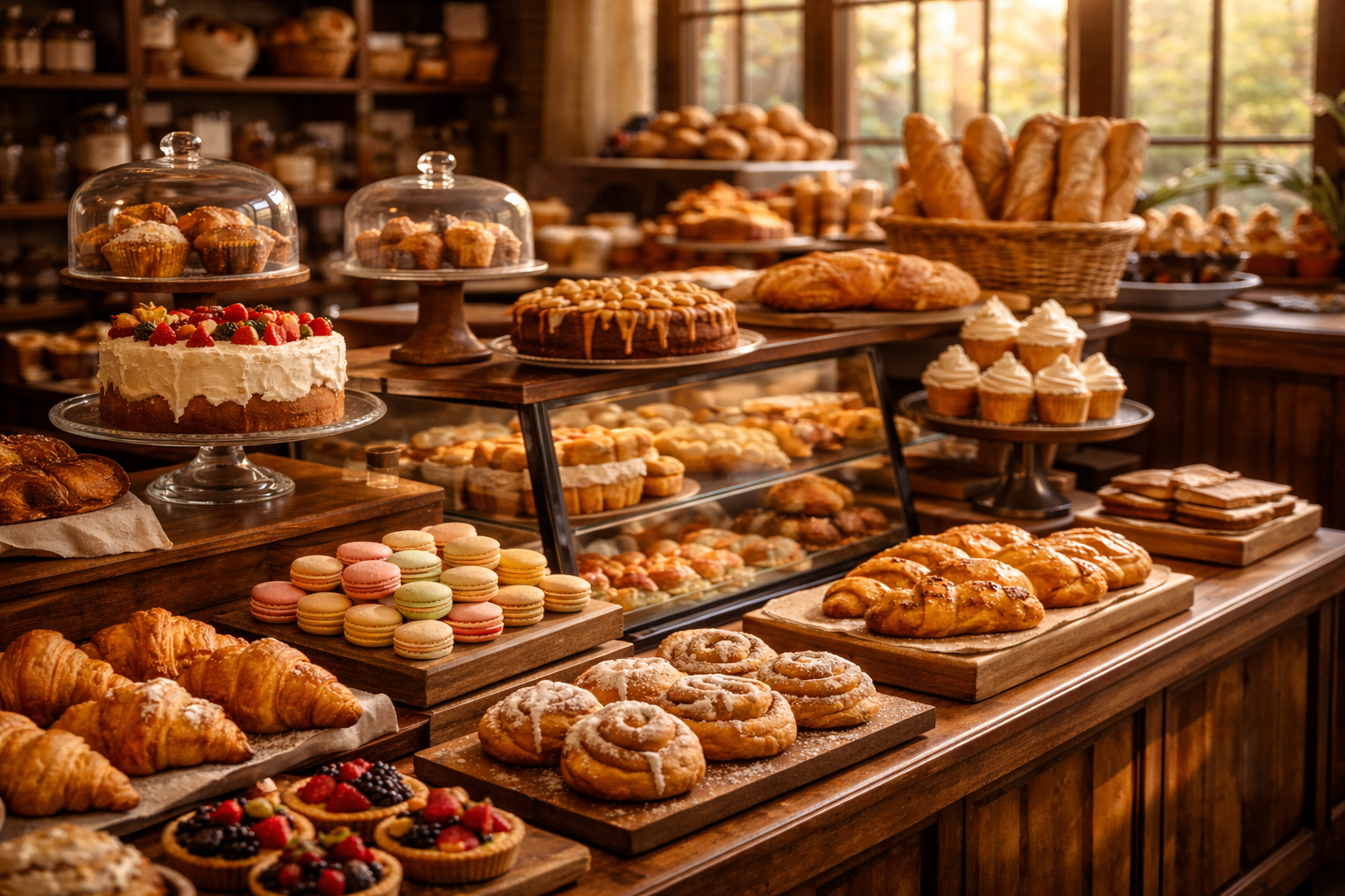 Display of various pastries and cakes in a bakery setting.
