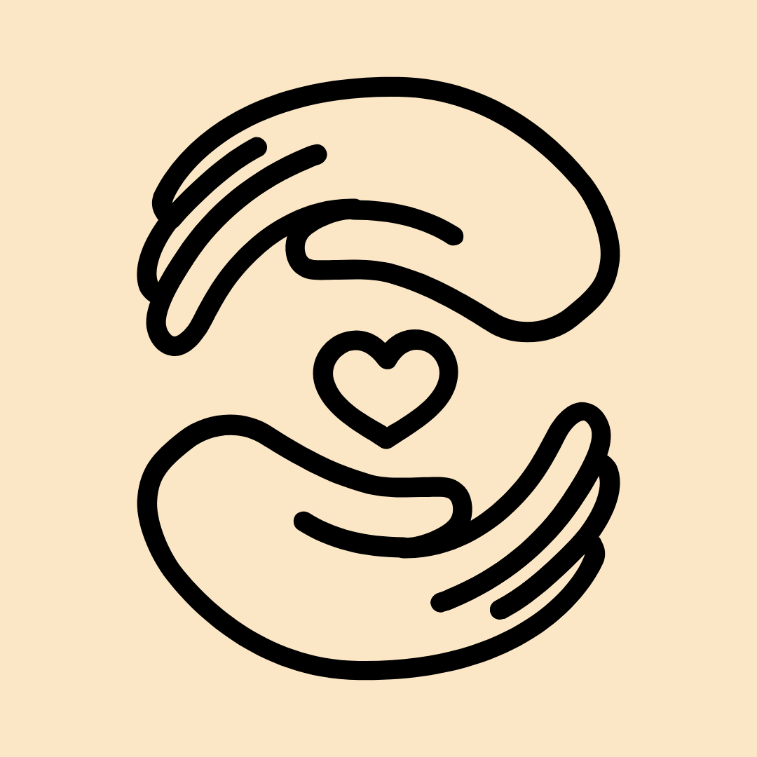 Minimalist icon of two hands cradling a heart, symbolizing care, compassion, or ethically made and handcrafted products.