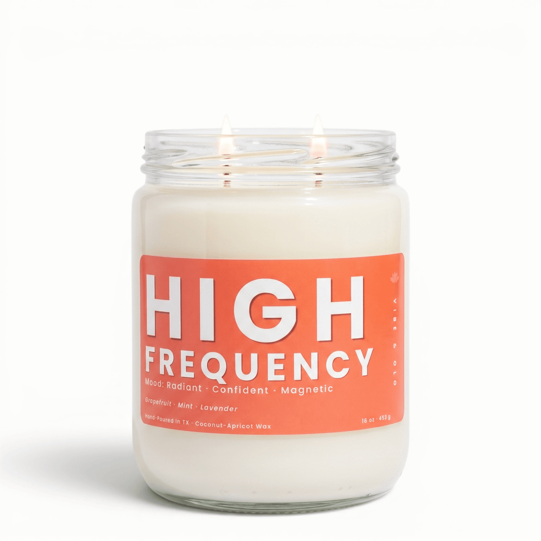 High Frequency 2 wick candle with grapefruit mint and lavender in glass jar, energizing coconut apricot wax candle for a bright uplifting vibe
