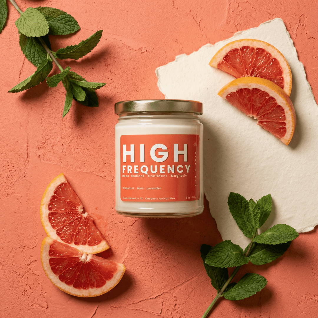 Flatlay of High Frequency candle with grapefruit slices and fresh mint highlighting a bright clean citrus scent