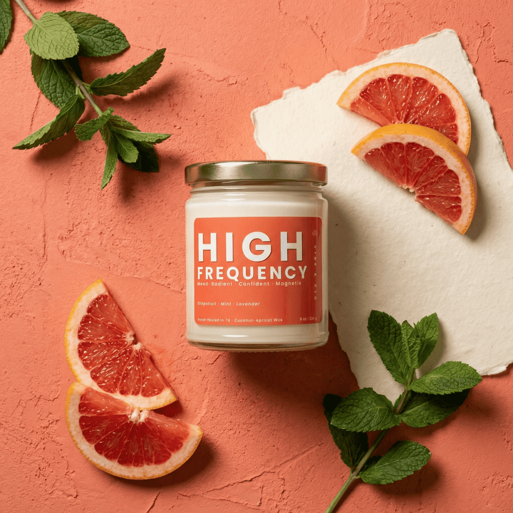 Flatlay of High Frequency candle with grapefruit slices and fresh mint highlighting a bright clean citrus scent