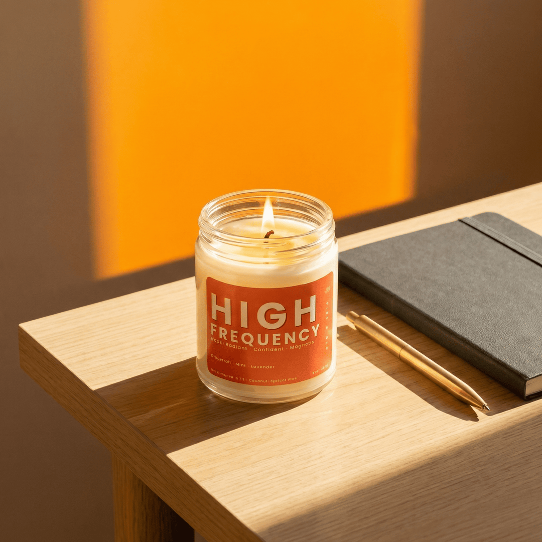 High Frequency candle styled on a desk with notebook and pen creating a focused energizing clean home fragrance moment