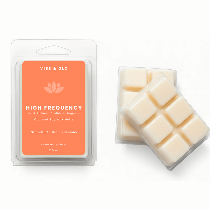 Vibe & Glo wax melts packaging with orange label on a white background