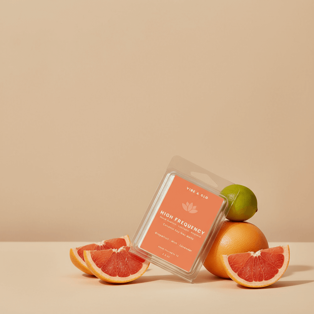 Vibe & Glo wax melt packaging with grapefruit and lime on a beige background