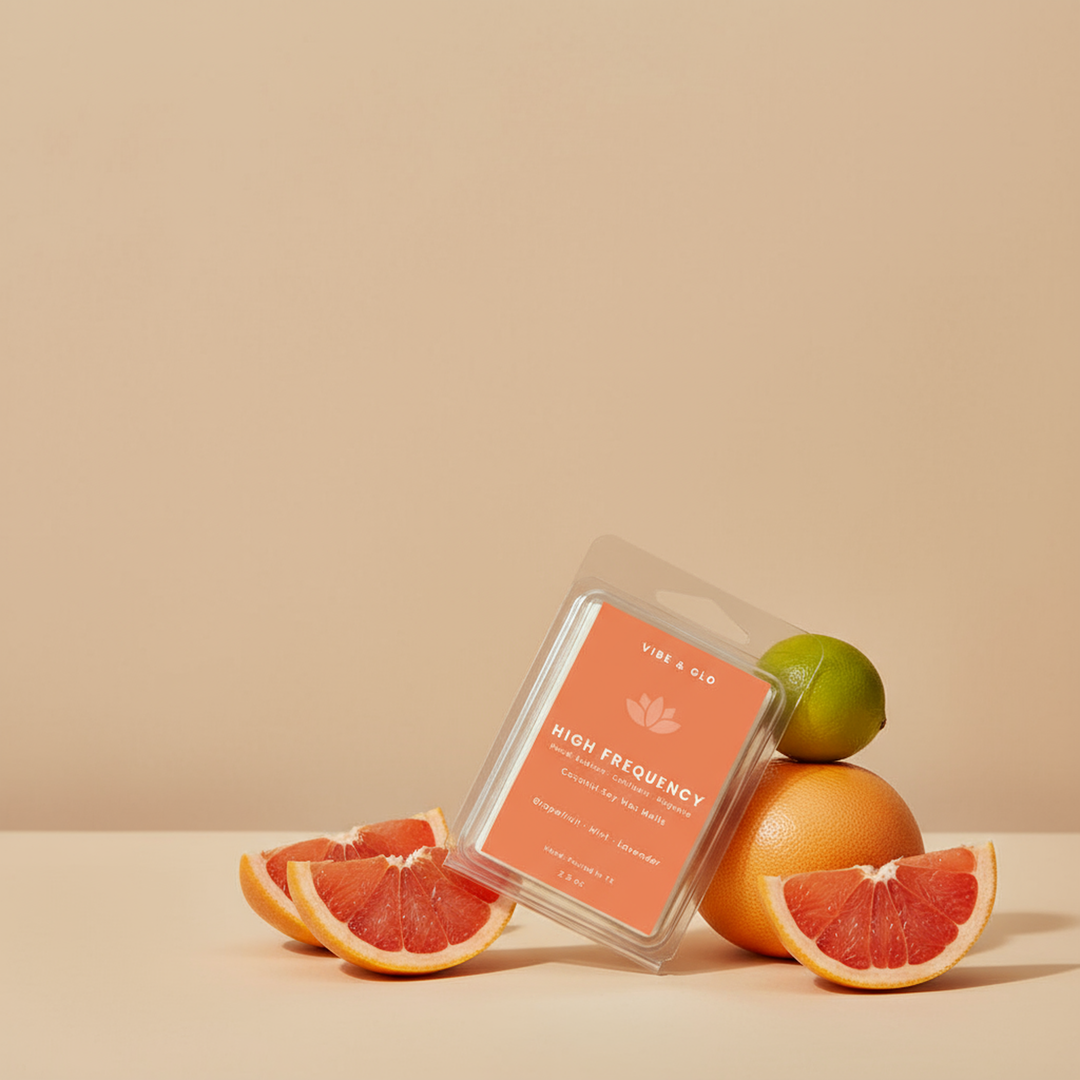 Vibe & Glo wax melt packaging with grapefruit and lime on a beige background