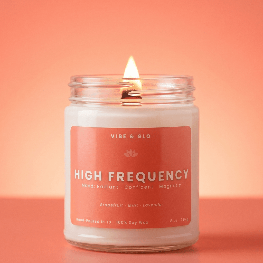 High Frequency wooden wick soy candle by Vibe and Glo with grapefruit mint lavender radiant confident uplifting scent