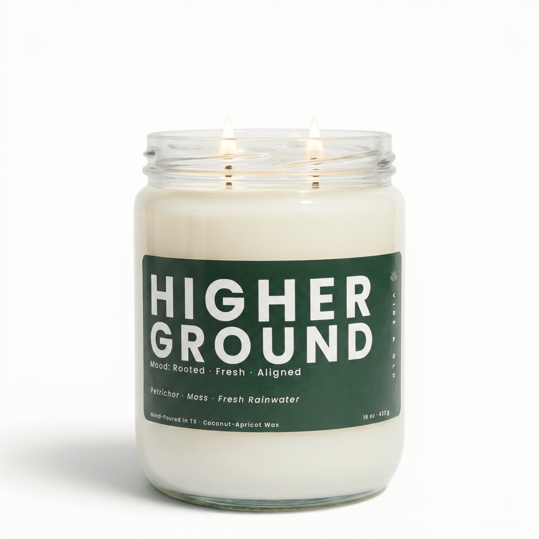 Higher Ground 2 wick candle with petrichor moss and rainwater in glass jar, earthy coconut apricot wax candle inspired by nature