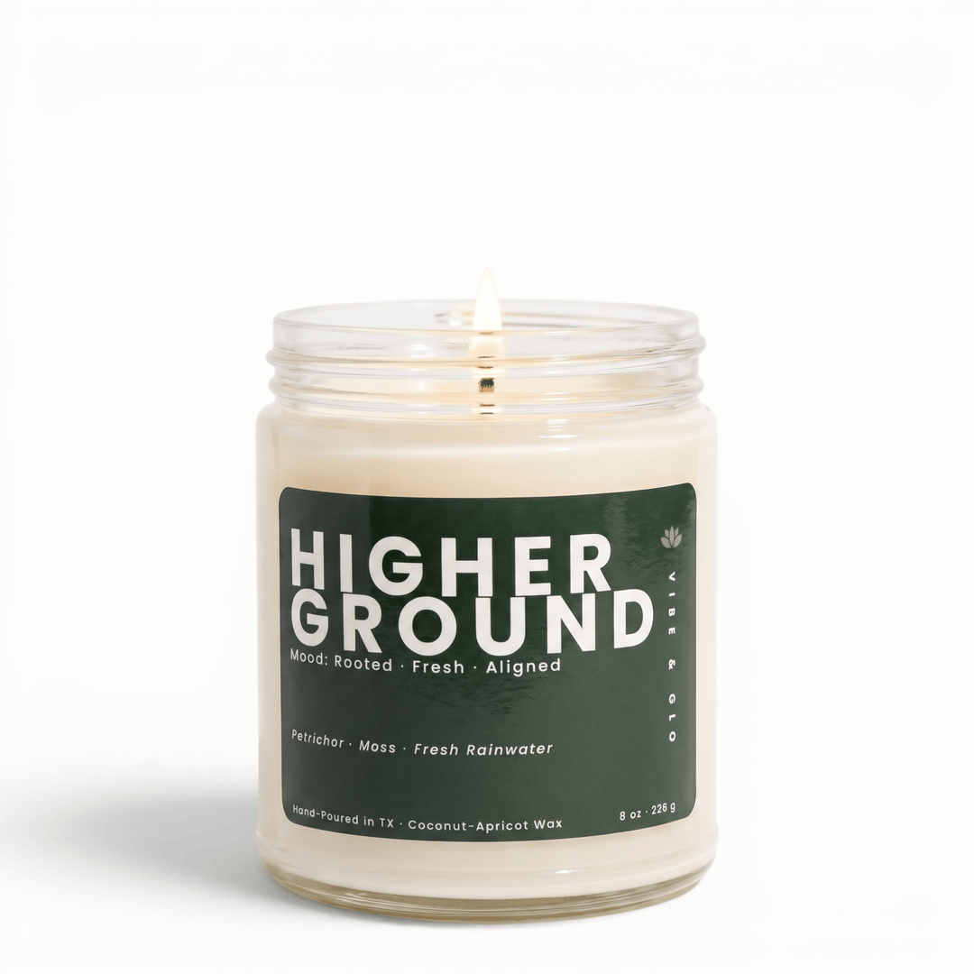 Higher Ground petrichor moss rainwater candle in glass jar, earthy fresh coconut apricot wax candle inspired by nature after rain