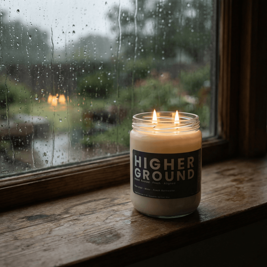 Higher Ground candle burning by a rainy window, cozy clean scent with petrichor, moss, and fresh rainwater