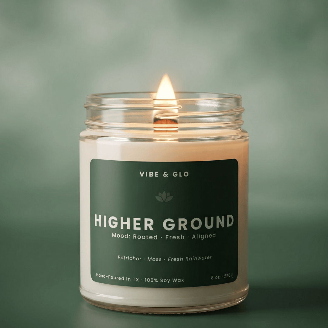 Higher Ground wooden wick soy candle by Vibe and Glo with petrichor moss fresh rainwater earthy grounding scent
