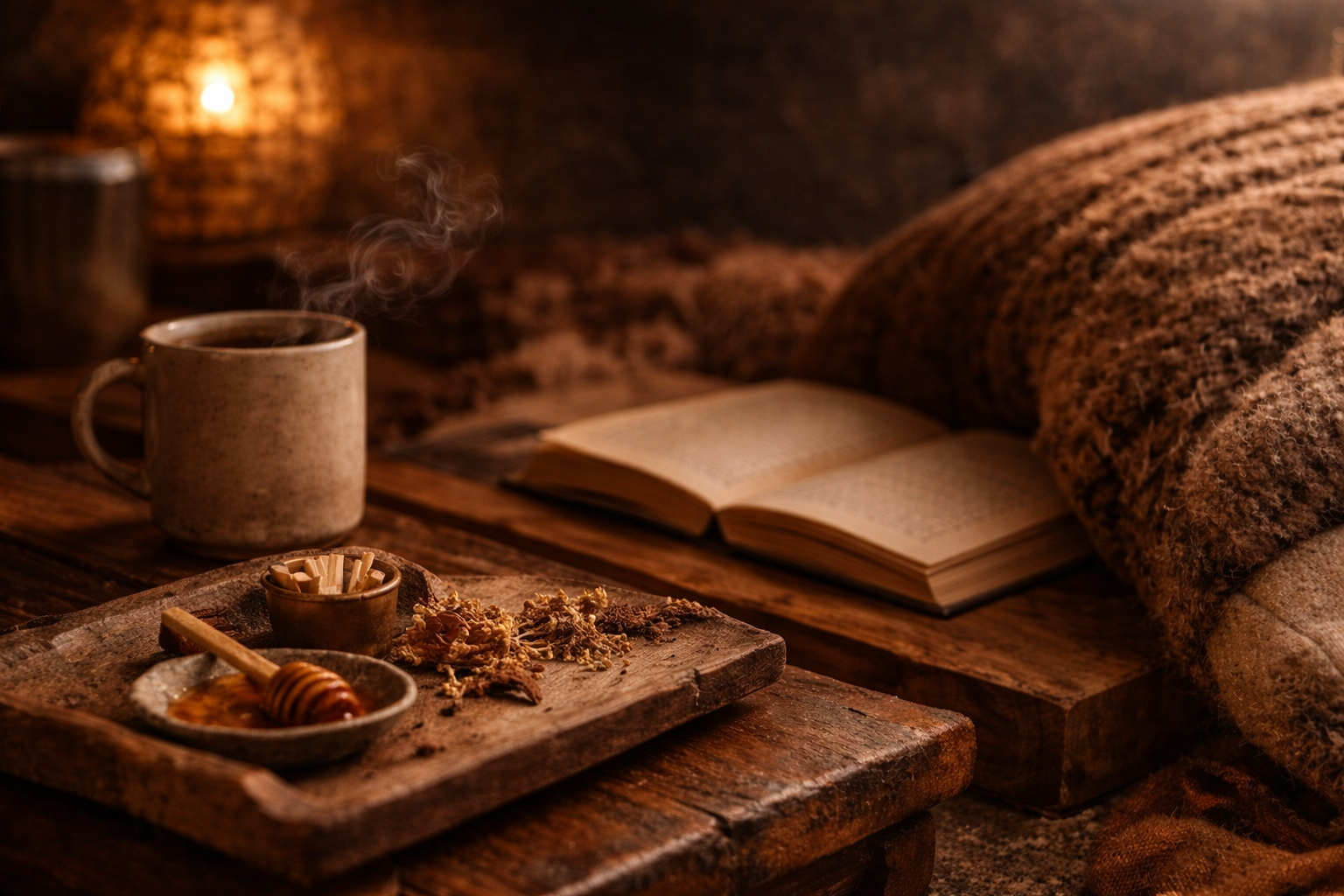 Cozy home environment with warm amber lighting, a soft knit blanket, open book, and tea creating the comforting vibe of a honey amber candle