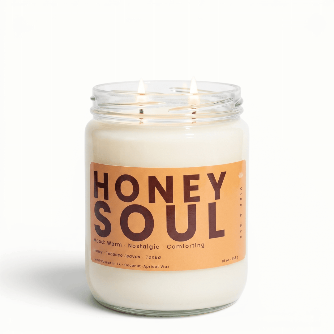 Honey Soul 2 wick candle with honey tobacco and tonka in glass jar, warm coconut apricot wax candle for a nostalgic cozy home scent