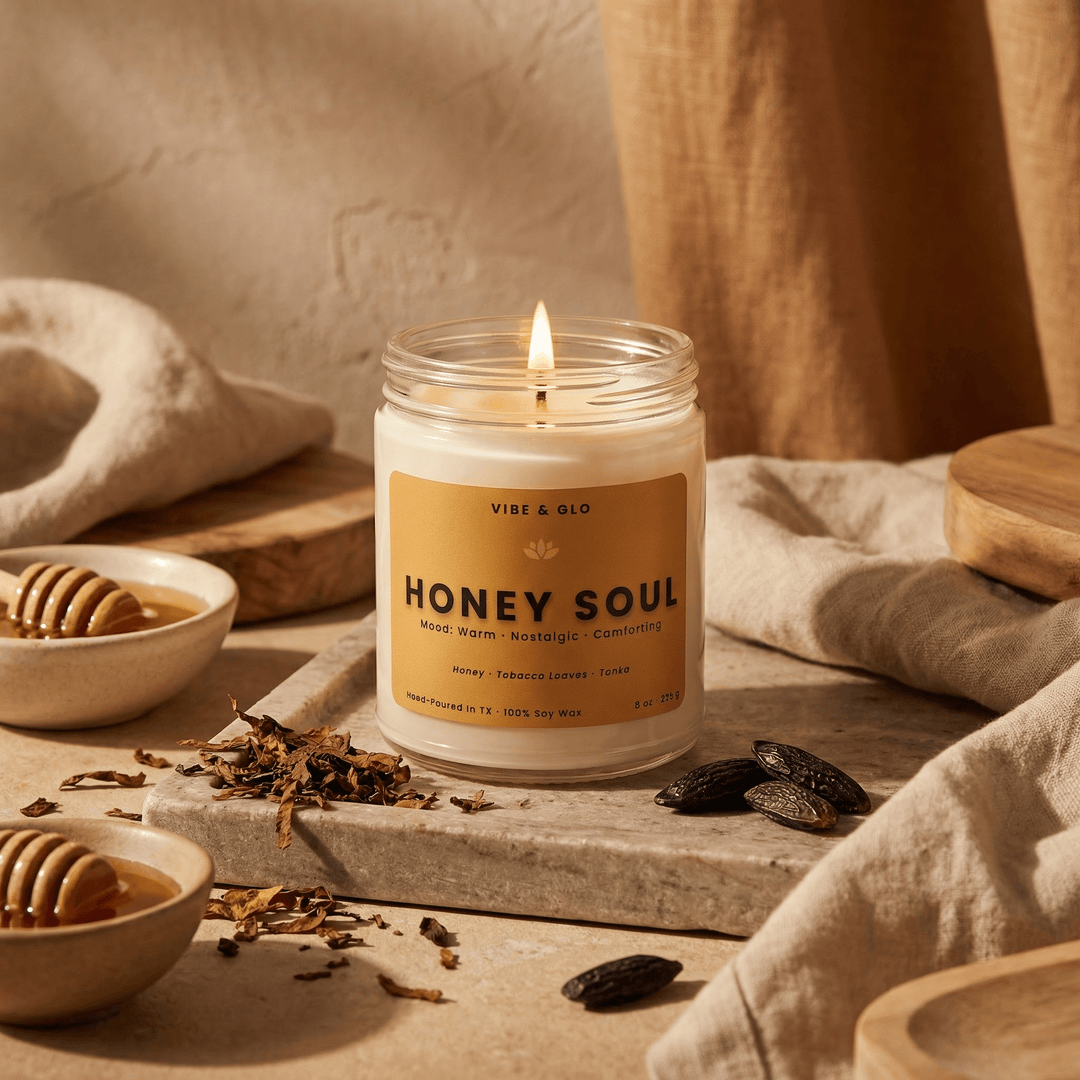 Honey Soul – 8 oz Honey & Tobacco Soy Candle - Vibe & Glo Candle Studio