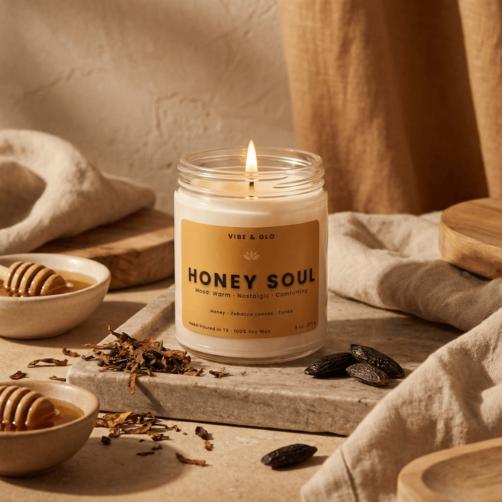 Honey Soul – 8 oz Honey & Tobacco Soy Candle - Vibe & Glo Candle Studio