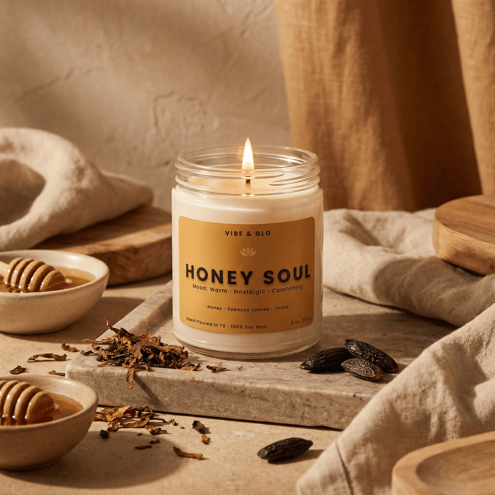 Honey Soul honey tobacco tonka soy candle lit on stone surface with honey dipper and cocoa beans in warm cozy setting