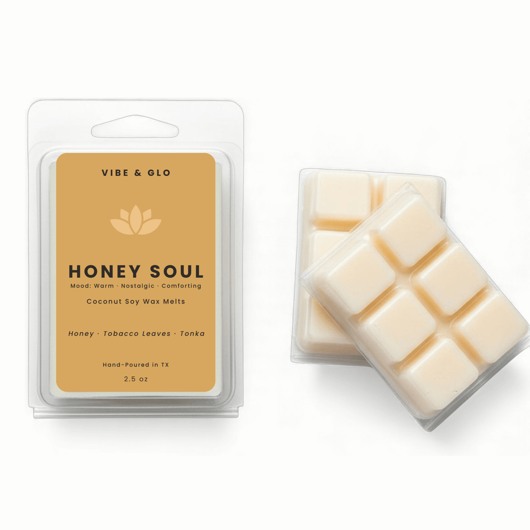 Vibe & Glo Honey Soul coconut soy wax melts packaging on a white background