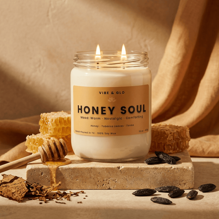 Honey Soul – Double Wick Honey, Tobacco & Tonka Soy Candle | 16 oz - Vibe & Glo Candle Studio