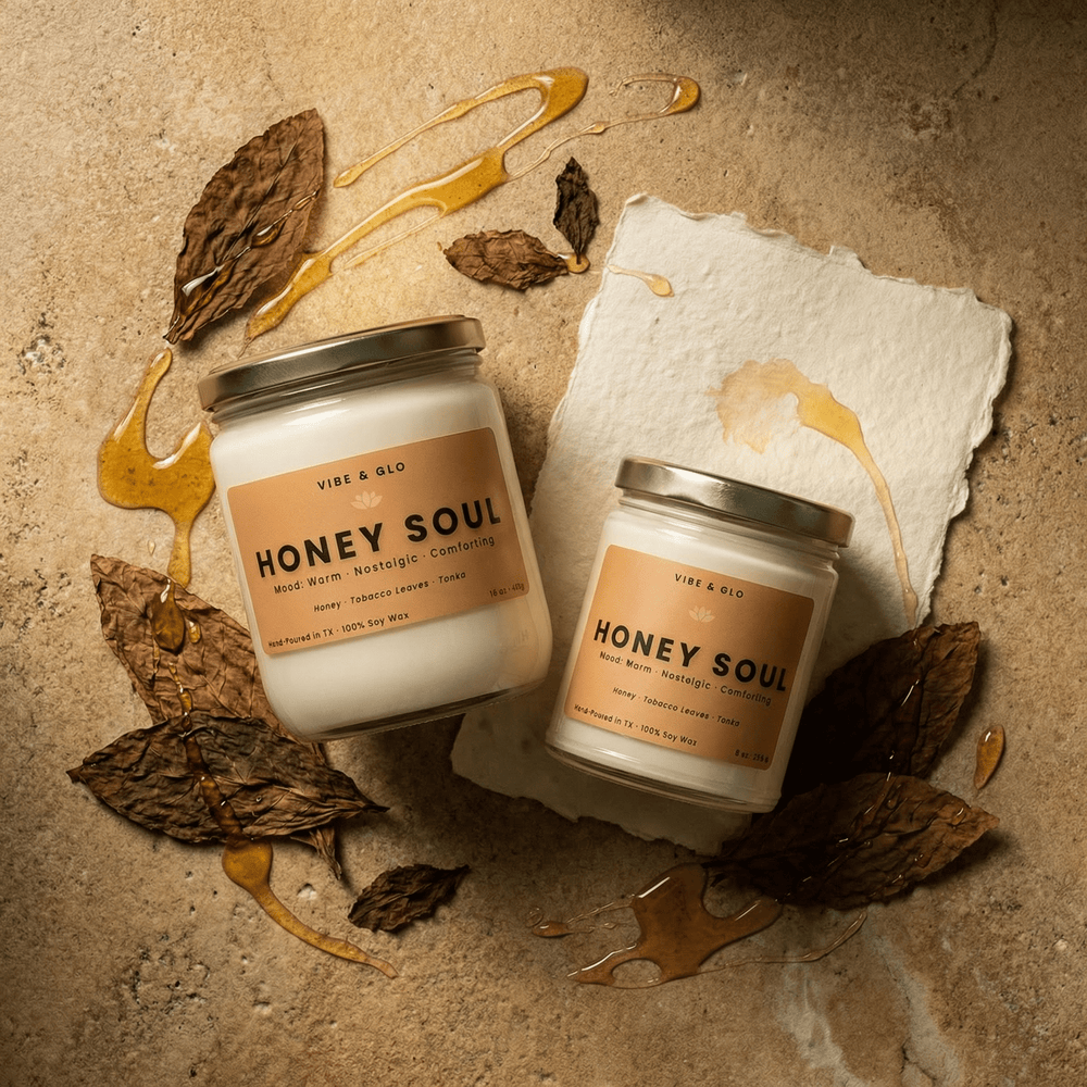 Honey Soul wooden wick soy candle in 16 oz and 8 oz jars styled with honey drizzle and dried leaves, featuring honey, tobacco leaves, and tonka notes.