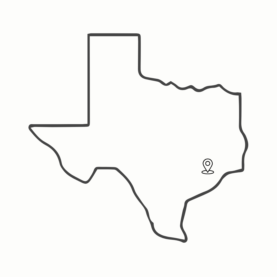 Simple black-outline map of Texas with a small location pin marking the Houston area.