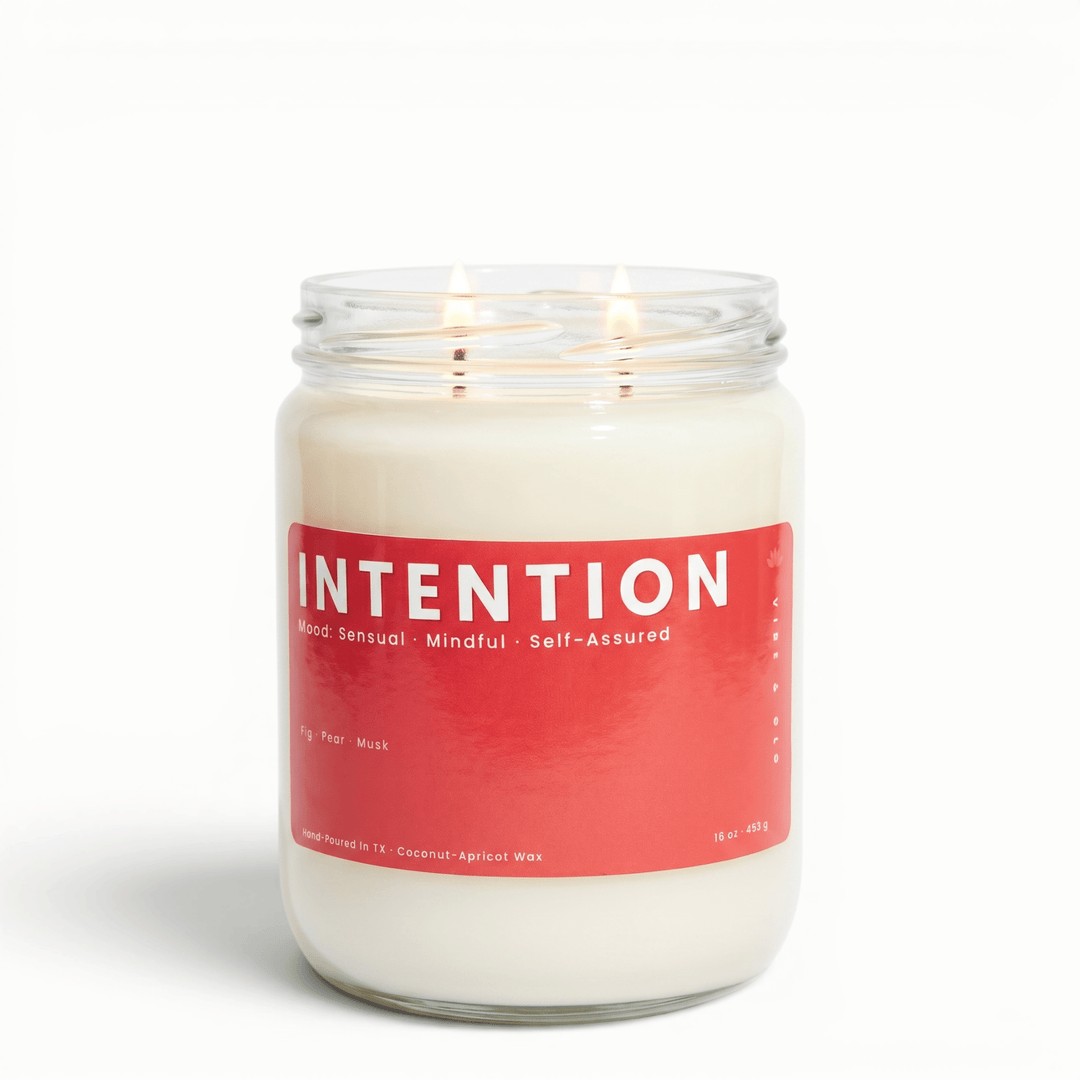 Intention 2 wick candle with fig pear and musk in glass jar, clean coconut apricot wax candle for a soft sensual home fragrance