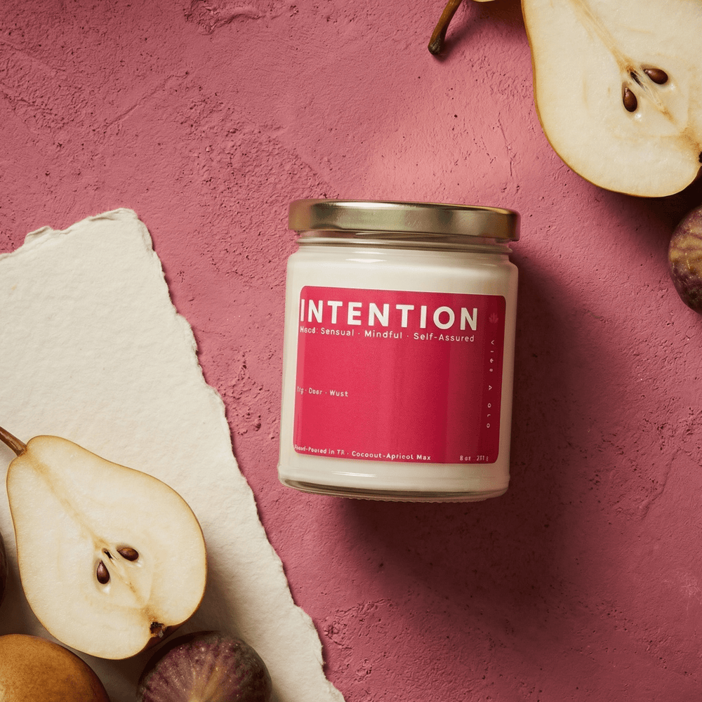 Intention jar candle styled with pear and fig, soft sensual fragrance with musk