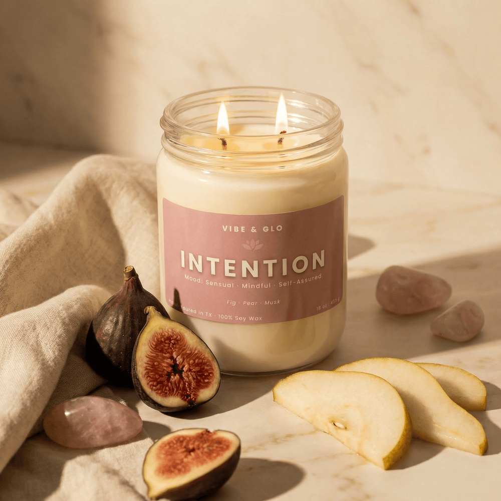 Intention – Double Wick Fig & Pear Soy Candle | 16 oz - Vibe & Glo Candle Studio
