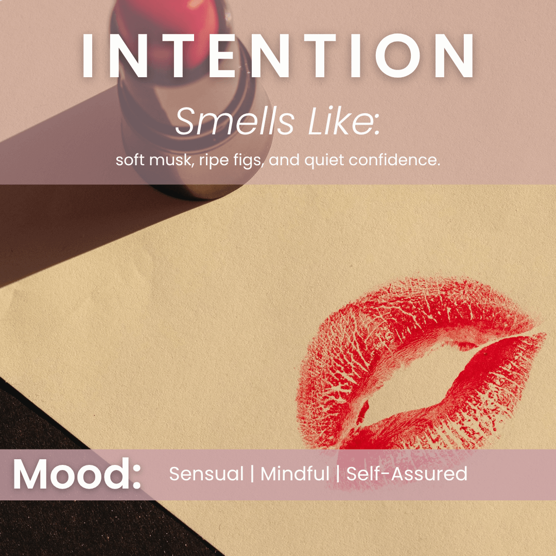 Intention fragrance mood visual with warm blush tones and bold lip detail representing ripe fig, soft musk, sensual confidence, and quiet power.