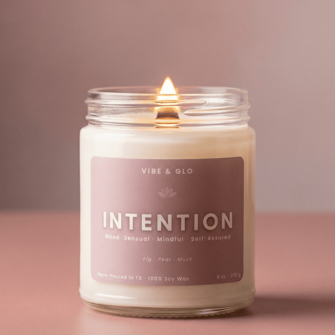 Intention wooden wick soy candle by Vibe and Glo with fig pear musk sensual mindful self care scent