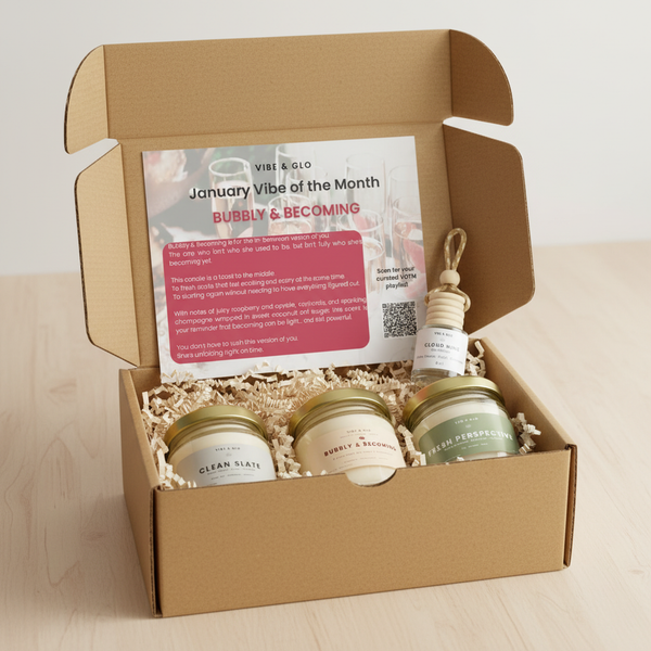 Open January Vibe of the Month candle subscription box featuring Clean Slate, Bubbly & Becoming, and Fresh Perspective soy candles with a Cloud Nine car diffuser and mood card.