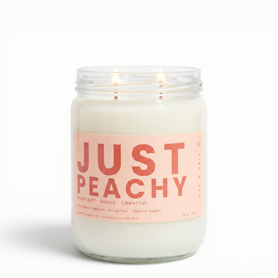 Just Peachy 2 wick candle with peach white tea and vanilla in glass jar, fruity coconut apricot wax candle for a bright cheerful home scent